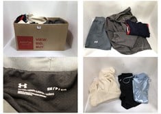 BOX OF ASSORTED CLOTHES TO INCLUDE UNDER ARMOUR GREY SHORTS - SIZE S