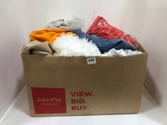 BOX OF ASSORTED CLOTHES TO INCLUDE ORANGE PULLOVER HOODIE - SIZE L