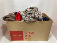 BOX OF ASSORTED KIDS AND ADULTS CLOTHING TO INCLUDE BROWN ADIDAS CYCLING SHORTS SIZE 8-10