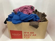 BOX OF ASSORTED ADULTS CLOTHING TO INCLUDE PURPLE GRAPHIC T SHIRT SIZE XS