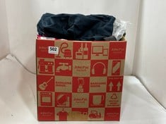 BOX OF ASSORTED ADULTS CLOTHING TO INCLUDE BUILDING KIT SUPPLIES NAVY CARGO TROUSERS 18R