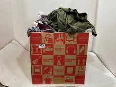 BOX OF ASSORTED ADULTS CLOTHING TO INCLUDE TU GREEN STRIPED MENS TSHIRT SIZE LARGE