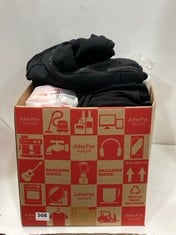 BOX OF ASSORTED ADULTS CLOTHING TO INCLUDE BLACK MID LENGTH ZIP UP JUMPER SIZE SMALL