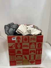 BOX OF ASSORTED ADULTS CLOTHING TO INCLUDE CREAM CARGO MINI SKIRT SIZE MEDIUM