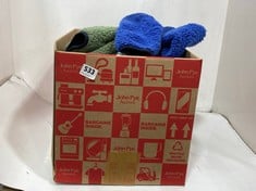 BOX OF ASSORTED KIDS CLOTHES TO INCLUDE M&S SOFT FUR ZIP UP COAT IN GREEN/BLUE SIZE 4-5YRS