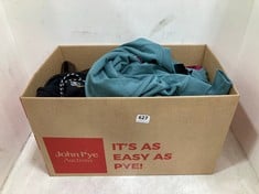 BOX OF ASSORTED ADULTS CLOTHING TO INCLUDE WOMENS GYM KING TEAL GREEN CREWNECK SIZE 10