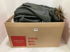 BOX OF ASSORTED ADULTS CLOTHING TO INCLUDE WOMEN'S SELECT GREEN PARKA COAT SIZE 18