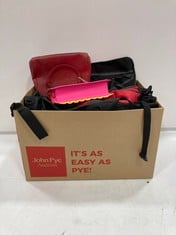 BOX OF ASSORTED BAGS TO INCLUDE NICOLE & DORIS RED ITALIAN LEATHER HANDBAG