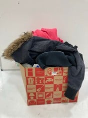 BOX OF ASSORTED KIDS AND ADULTS CLOTHES TO INCLUDE SUPERDRY PARKA HOODED COAT IN NAVY SIZE XS