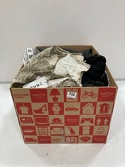 BOX OF ASSORTED ADULTS CLOTHING TO INCLUDE ETHNC PRINTED SUIT GREEN TWO PIECE SIZE SMALL