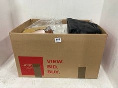 BOX OF ASSORTED JOHN LEWIS ACCESSORIES TO INCLUDE JOHN LEWIS DRAWSTRING CROSSBODY SMALL BAG IN BLACK