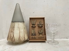 BOX OF ASSORTED ITEMS TO INCLUDE NGOLO GLASS TREE - AGED SMOKE - MEDIUM - ITEM NO. NT0102 (RRP £30)