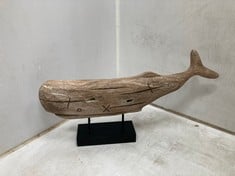 4 X STONE THE CROWS SMALL DISTRESSED WHALE ON PLINTH - (H) 24 X (W) 44 X (D) 6 CM