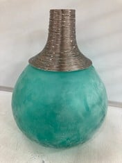 2 X STONE THE CROWS SMALL METALWORK GLASS VASE - AQUA - HGT 27.5CMS - TOTAL RRP £130