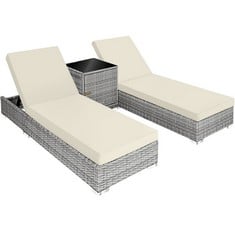 TECTAKE SUN LOUNGER SET - 2 RATTAN LOUNGERS, SIDE TABLE & PROTECTIVE COVER - PRODUCT CODE. 403770 - RRP £390 (ZONE 1)