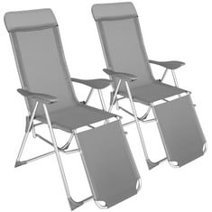 TECTAKE GARDEN CHAIRS SET OF 2 - FOLDABLE, 5-POSITION BACKREST, HEAD CUSHION, MOVABLE FOOTREST - PRODUCT CODE. 402763 - RRP £104 (ZONE 1)