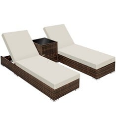 TECTAKE SUN LOUNGER SET - 2 RATTAN LOUNGERS, SIDE TABLE & PROTECTIVE COVER - PRODUCT CODE. 401499 - RRP £410 (ZONE 1)