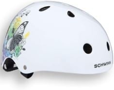 4X ASSORTED HELMETS TO INCLUDE SCHWINN GIRLS' BUTTERFLY BMX HELMET, BUTTERFLY (WHITE), 54-58CM UK, GIRO UNISEX FIXTURE II MIPS CYCLING HELMET - MATTE TITANIUM - UNIVERSAL ADULT 54-61CM.