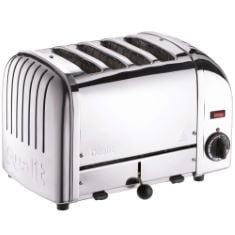 DUALIT CLASSIC 4 SLICE VARIO TOASTER - STAINLESS STEEL, HAND BUILT IN THE UK - REPLACEABLE PROHEAT® ELEMENTS - HEAT TWO OR FOUR SLOTS, DEFROST BREAD, MECHANICAL TIMER - REPLACEABLE PARTS.