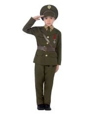 X11 ASSORTED KIDS FANCY DRESS ITEMS TO INCLUDE SMIFFYS ARMY OFFICER COSTUME, GREEN WITH JACKET, BELT, TROUSERS, HAT, MOCK SHIRT & TIE, BOYS FANCY DRESS, 1940S DRESS UP COSTUMES, GENERIQUE - 40'S SCHO