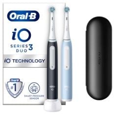 ORAL-B IO3 2X ELECTRIC TOOTHBRUSHES FOR ADULTS, MOTHERS DAY GIFTS FOR HER / HIM, 2 TOOTHBRUSH HEADS & 1 TRAVEL CASE, 3 MODES WITH TEETH WHITENING, 2 PIN UK PLUG, BLACK & BLUE.