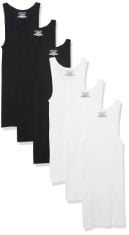 28X ASSORTED CLOTHING TO INCLUDE ESSENTIALS MEN'S TANK VESTS, PACK OF 6, BLACK/WHITE, M, ESSENTIALS WOMEN'S SHORT-SLEEVE POLO SHIRT (AVAILABLE IN PLUS SIZE), NAVY, S.