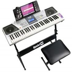 1 X ROCKJAM 61 KEY KEYBOARD PIANO KIT WITH DIGITAL PIANO BENCH, ELECTRIC PIANO STAND, HEADPHONES NOTE STICKERS & SIMPLY PIANO LESSONS, GREY.