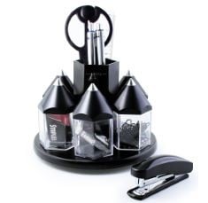 10 X EXERZ BLACK DESK ORGANISER, ROTATING PEN TIDY WITH 5 ACCESSORY BOXES, STATIONERY KIT INCLUDING: SCISSORS, RULER, ERASER, CLIPS.