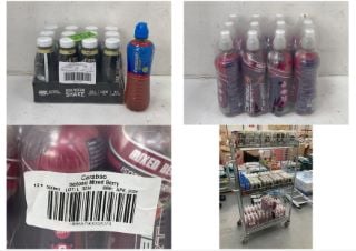 CAGE OF ASSORTED LIQUIDS TO INCLUDE QTY OF LUCOZADE SPORT RASPBERRY FLAVOUR 500ML - BBE: 05/2024 (COLLECTION ONLY) (CAGE NOT INCLUDED)