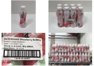 16 X 8 PACK OF ACTISHAKE STRAWBERRY BBE 13/10/24 ( COLLECTION ONLY ) ( CAGE NOT INCLUDED )