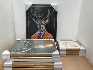 QTY OF HOUSEHOLD WALL ART ITEMS TO INCLUDE LARGE BUCK MAN PAINTING IN BLACK FRAME: LOCATION - A14