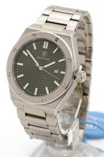 MENS BERNARD REINHARDT WATCH. FEATURING A GREEN DIAL, SILVER COLOURED BEZEL AND STAINLESS CASE, DATE, W/R 5ATM. SILVER COLOURED STAINLESS BRACELET. COMES WITH A WOODEN PRESENTATION CASE: LOCATION - A