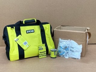 QTY OF HARDWARE ITEMS TO INCLUDE RYOBI CHAINSAW BAG IN YELLOW: LOCATION - C1