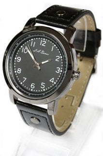 MEN'S LA BANUS FIELD WATCH. FEATURING A BLACK DIAL, BEZEL AND CASE . BLACK LEATHER STRAP: LOCATION - D0