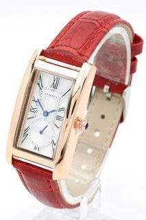 LADIES STOCKWELL WATCH. FEATURING A SILVER COLOURED TEXTURED DIAL WITH SUB DIAL MINUTE HAND. GOLD COLOURED CASE. RED LEATHER STRAP: LOCATION - D0