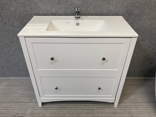 (COLLECTION ONLY) FLOOR STANDING 2 DRAWER SINK UNIT IN WHITE 810 X 400MM 1TH CERAMIC BASIN COMPLETE WITH A MONO BASIN MIXER TAP AND CHROME SPRUNG WASTE RRP £780: LOCATION - D1