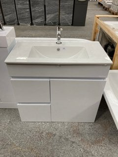 (COLLECTION ONLY) FLOOR STANDING 2 DRAWER 1 DOOR SINK UNIT IN WHITE WITH A 760 X 400MM CERAMIC BASIN COMPLETE WITH A MONO BASIN MIXER TAP AND SPRUNG WASTE RRP £725: LOCATION - C2