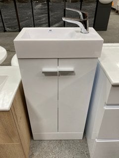 (COLLECTION ONLY) FLOOR STANDING 2 DOOR CLOSET SINK UNIT IN WHITE WITH A 410 X 220MM POLY MARBLE SINK COMPLETE WITH A MONO BASIN MIXER TAP AND SPRUNG WASTE RRP £425: LOCATION - C2