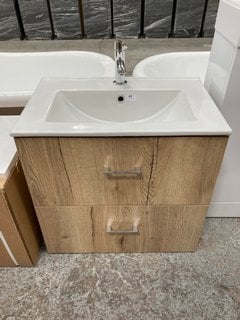 (COLLECTION ONLY) WALL HUNG 2 DRAWER SINK UNIT IN DRIFTWOOD WITH A 610 X 400MM CERAMIC BASIN MONO BASIN MIXER AND CHROME SPRUNG WASTE RRP £695: LOCATION - C2