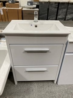 (COLLECTION ONLY) FLOOR STANDING 2 DRAWER SINK UNIT IN GLOSS WHITE WITH A 610 X 400MM CERAMIC BASIN MONO BASIN MIXER TAP AND CHROME SPRUNG WASTE RRP £720: LOCATION - C2