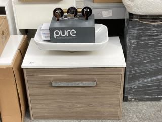 (COLLECTION ONLY) VITRA M-LINE WALL HUNG 1 DRAW COUNTER TOP SINK UNIT IN DARK ELM AND WHITE 720 X 420MM WITH A CERAMIC VESSEL BASIN AND A WALL MOUNTED BASIN MIXER IN CHROME WITH SPRUNG WASTE RRP £117