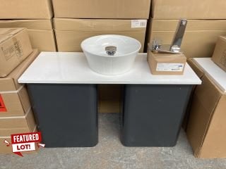 (COLLECTION ONLY) 2X VITRA WALL HUNG WASH BASIN UNITS IN ANTHRACITE WITH A 1005 X 400MM COUNTERTOP IN WHITE WITH A ROUND CERAMIC VESSEL BASIN COMPLETE WITH A WALL MOUNTED BASIN MIXER IN CHROME WITH S