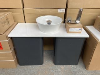 2X VITRA WALL HUNG WASH BASIN UNITS IN ANTHRACITE WITH A 1005 X 400MM COUNTERTOP IN WHITE WITH A ROUND CERAMIC VESSEL BASIN COMPLETE WITH A WALL MOUNTED BASIN MIXER IN CHROME WITH SPRUNG WASTE RRP £2