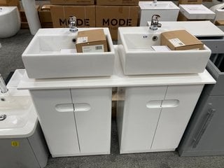 (COLLECTION ONLY) TWIN SINK UNIT IN WHITE COMPRISING OF 2X FLOOR STANDING 2 DOOR BASE UNITS IN WHITE WITH A 1005 X 430MM WHITE SOLID SURFACE COUNTERTOP COMPLETE WITH 2X 1TH CERAMICS BASINS WITH A MON