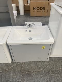 (COLLECTION ONLY) WALL HUNG 1 DRAWER SINK UNIT IN GREY MIST WITH A 605 X 450MM 1TH POLYMARBLE BASIN COMPLETE WITH A MONO BASIN MIXER TAP AND CHROME SPRUNG RRP £725: LOCATION - D4