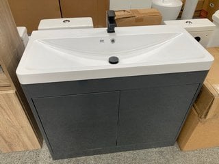 (COLLECTION ONLY) FLOOR STANDING 2 DOOR SINK UNIT IN GLOSS GREY WITH A 1000 X 450MM 1TH POLYMARBLE BASIN COMPLETE WITH A MONO BASIN MIXER TAP IN BLACK WITH SPRUNG WASTE RRP £910: LOCATION - D4