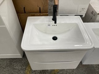 (COLLECTION ONLY) WALL HUNG 2 DRAWER SINK UNIT IN WHITE WITH A 630 X 480MM 1TH CERAMIC BASIN COMPLETE WITH A BLACK MONO BASIN MIXER TAP AND SPRUNG WASTE RRP £745: LOCATION - D5