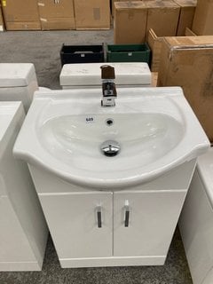 (COLLECTION ONLY) FLOOR STANDING 2 DOOR SEMI RECESSED SINK UNIT IN WHITE WITH A 560 X 450MM 1TH CERAMIC BASIN COMPLETE WITH A MONO BASIN MIXER TAP AND CHROME SPRUNG WASTE RRP £730: LOCATION - D5