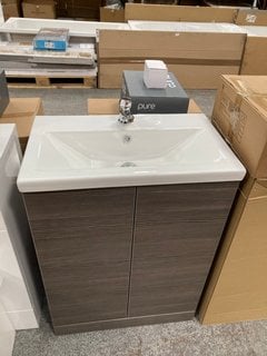 (COLLECTION ONLY) FLOOR STANDING 2 DOOR SINK UNIT IN BROWN GREY AVOLA WITH A 610 X 370MM 1TH CERAMIC BASIN COMPLETE WITH A MONO BASIN MIXER TAP AND CHROME SPRUNG WASTE RRP £715: LOCATION - D3