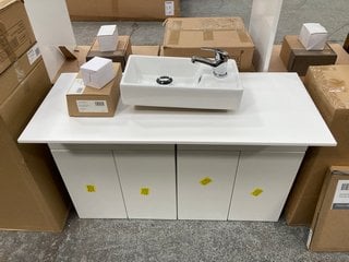 (COLLECTION ONLY) 2X FLOOR STANDING 2 DOOR SINK UNITS IN WHITE WITH A 1005 X 430MM SOLID SURFACE WHITE COUNTERTOP COMPLETE WITH A SIDE TH CERAMIC BASIN COMPLETE WITH A MONO BASIN MIXER TAP AND CHROME